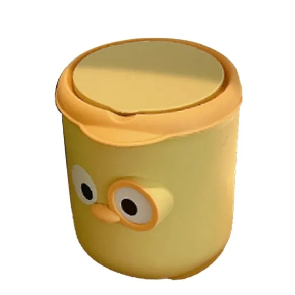 Mini papperskorg med lock Söt tecknad design Plastbänkskiva med lock för bord sängbord skrivbord kontor gul