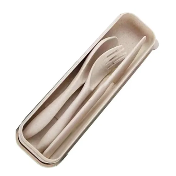 Modernt vetehalm bestickset med låda - Bärbar gaffel, sked och kniv för kontor, skola, picknick - Beige