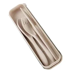 Modernt vetehalm bestickset med låda - Bärbar gaffel, sked och kniv för kontor, skola, picknick - Beige