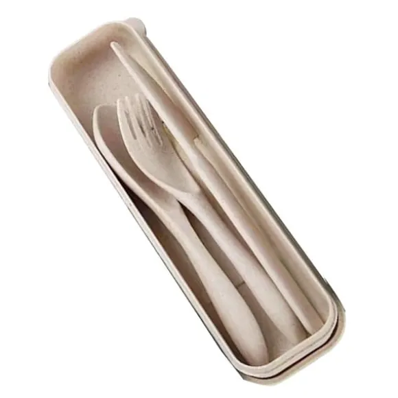 Modernt vetehalm bestickset med låda - Bärbar gaffel, sked och kniv för kontor, skola, picknick - Beige