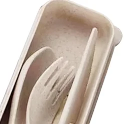 Modernt vetehalm bestickset med låda - Bärbar gaffel, sked och kniv för kontor, skola, picknick - Beige
