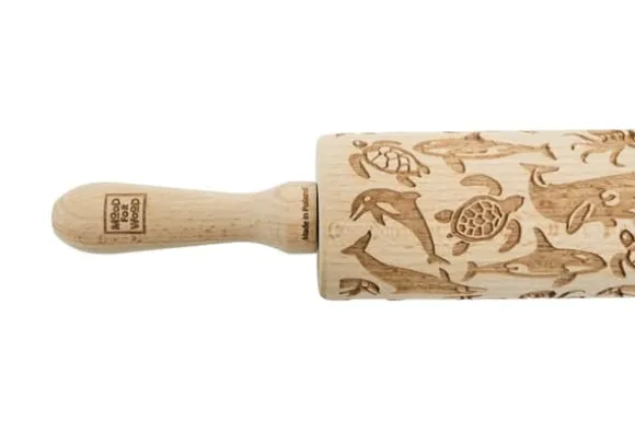 MoodForWood Träkavel, Graverad, 43 cm med Handtag, Perfekt för Bakning - Havsmönster