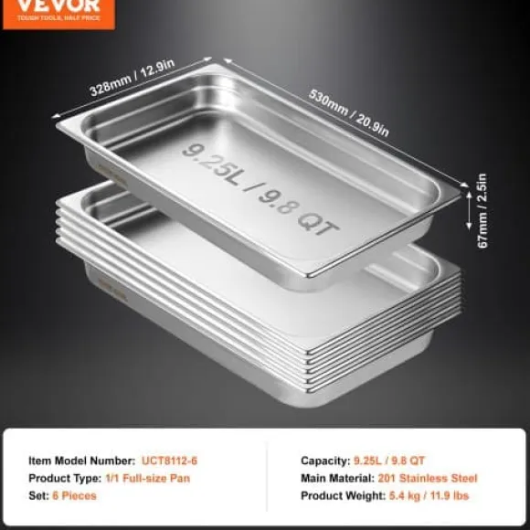 Ångbordsform, 6-pack fullstorlek anti-jam, 53x32.8x6.7 cm, rostfritt stål, förvaring