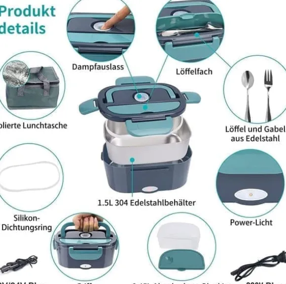 OBOSOE Elektrisk Lunchlåda 3-i-1 – Självuppvärmande Matvärmare för Bil, Lastbil & Arbete – 1,5 L Rostfri, Läckagesäker