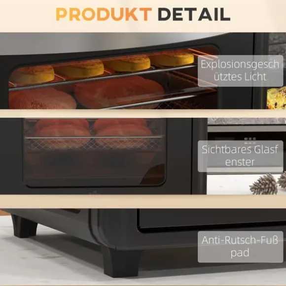 OBOSOE Mini-ugn med varmluft – 30L, 7 funktioner, 90°C–230°C, bakplåt, grillgaller, smulbricka, fritös med friteringskorg, svart