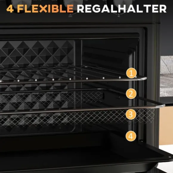 OBOSOE Mini-ugn med varmluft – 30L, 7 funktioner, 90°C–230°C, bakplåt, grillgaller, smulbricka, fritös med friteringskorg, svart