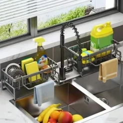 OBOSOE Självtränande tvål svamp hållare, rostfritt stål handfat hylla, kök handfat avloppshylla med delare, kök bänkskiva arrangöre