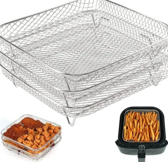 OBOSOE Tre lager 304 rostfritt stålrack för luftfritös, grillställ och torkställ, passar för luftfritös och ugn