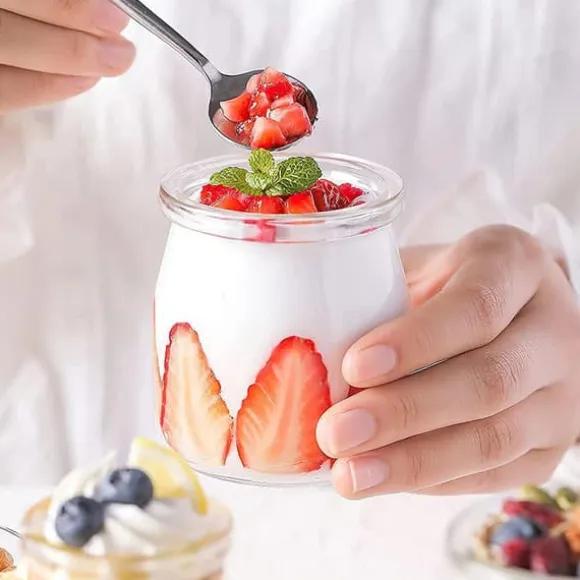 10-pack - 200 ml glasburk med lock, transparent glaspuddingburk med PE-lock, används för yoghurt, pudding, mjölk, sylt, mousse etc.