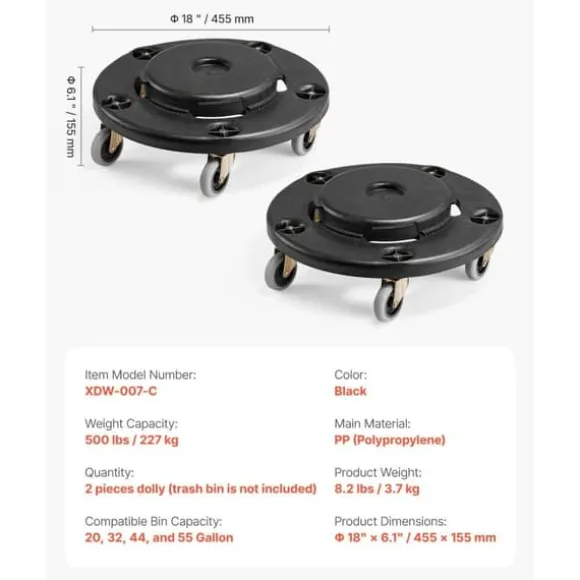 2-pack Rund Papperskorgs-Dolly, Passar 20, 32, 44, 55 Gal Sopbehållare, Robust och Lätt att Flytta