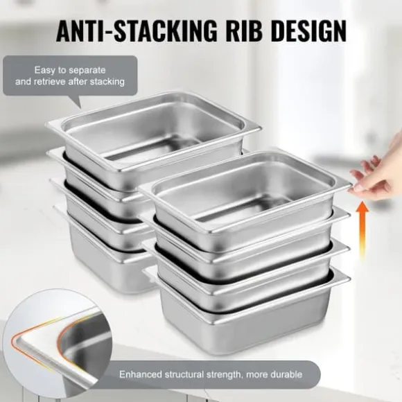 8-pack 1/2 storlek Hotellpannor i rostfritt stål, Ångbordspanna med 4" djupt lock, hållbar och praktisk