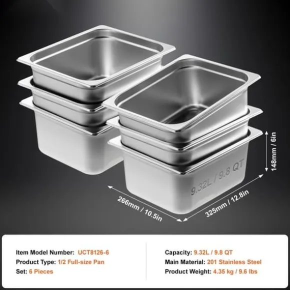 8-pack 1/2 storlek Hotellpannor i rostfritt stål, Ångbordspanna med 4" djupt lock, hållbar och praktisk