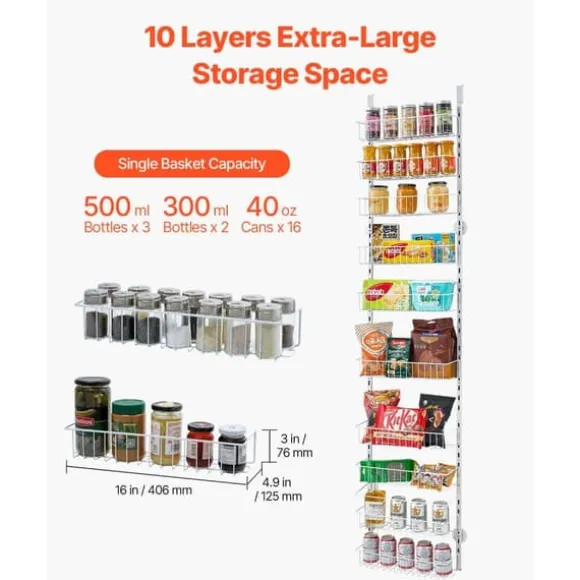 Pantry Organizer 10-nivå, över dörren hängande förvaringsställ, justerbar