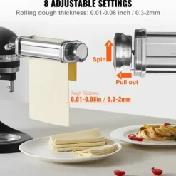 Pastatillbehör för KitchenAid, rostfritt stål, Pasta Roller, Spaghetti- och Fettuccine-cutter, 8 justerbara tjocklekar, 3 delar.