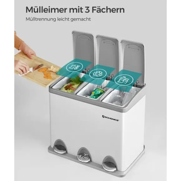 Pedal papperskorg, 3 x 8L återvinningskärl, 3-fack metall papperskorg, avfallssortering för kök, inkluderar 15 soppåsar, lätt att rengöra, stål, vit | CDON