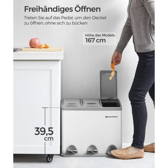 Pedal papperskorg, 3 x 8L återvinningskärl, 3-fack metall papperskorg, avfallssortering för kök, inkluderar 15 soppåsar, lätt att rengöra, stål, vit | CDON