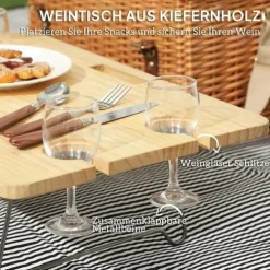 Picknickkorg i pil för 4, filt & bestick, flasköppnare & bord, komplett set, ljusbrun