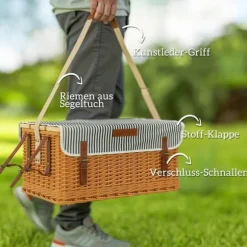 Picknickkorg i pil för 4, filt & bestick, flasköppnare & bord, komplett set, ljusbrun