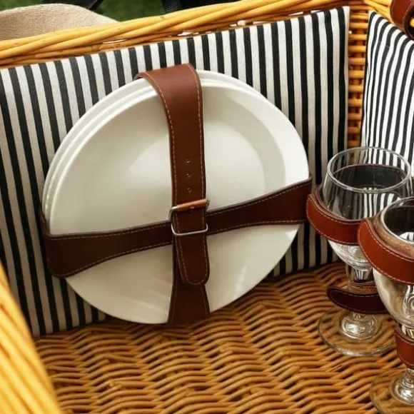 Picknickkorg i pil för 4, filt & bestick, flasköppnare & bord, komplett set, ljusbrun