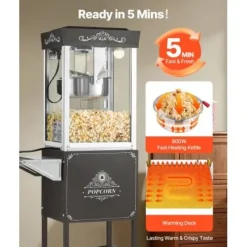 Popcornmaskin med vagn, 0,2 kg rostfri stålkittel, svart, kommersiell