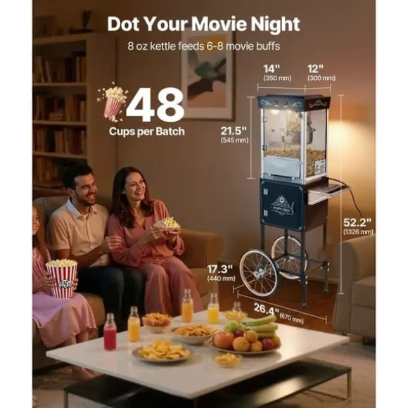 Popcornmaskin med vagn, 0,2 kg, 800W, 48 koppar/omgång, 2-knappskontroll, glasvägg, PC-dörr, skopor inkluderade, svart