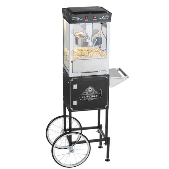 Popcornmaskin med vagn, 0,2 kg, 800W, 48 koppar/omgång, 2-knappskontroll, glasvägg, PC-dörr, skopor inkluderade, svart