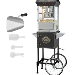 Popcornmaskin med vagn, 850W, 8 oz, svart - Snabb uppvärmning, hög kapacitet, perfekt för fest och biokvällar