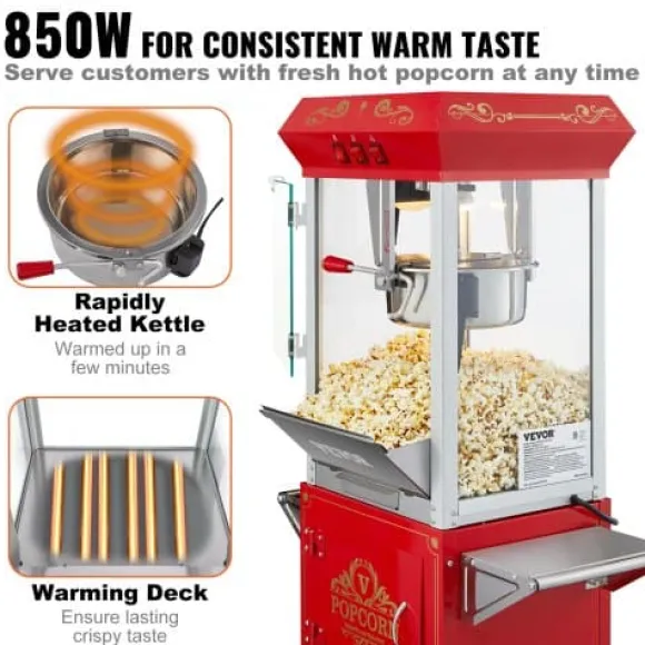 Popcornmaskin med vagn, 61x41x139,5 cm, röd, härdat glas