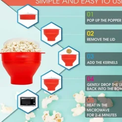 Popcornskål i silikon för mikrovågsugn – Hopfällbar röd popcornskål för mikrovågspopcorn