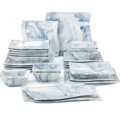 Porslinservis Set, 26-delars Elegant Blommig Design, Mikrovågsugn och Diskmaskinssäker,26-delad-blå