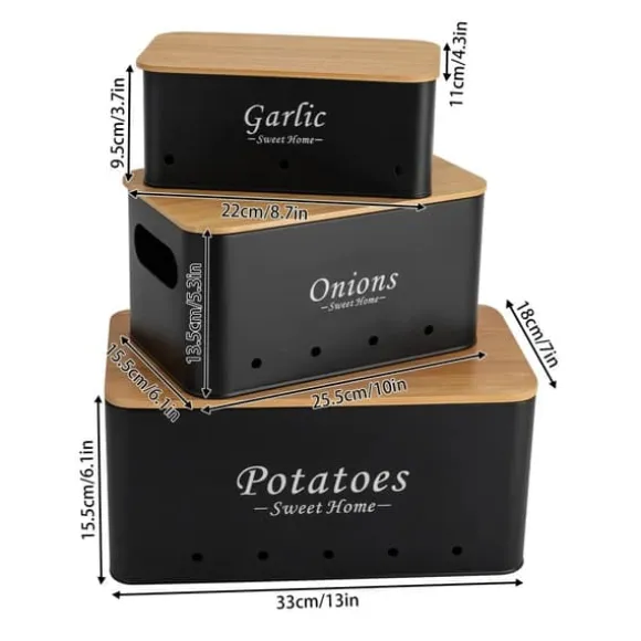 Potatis, Lök & Vitlök Förvaring - Förvaringsburkar - Set om 3 - Kolstål - Bambulock - Rektangulär - Svart