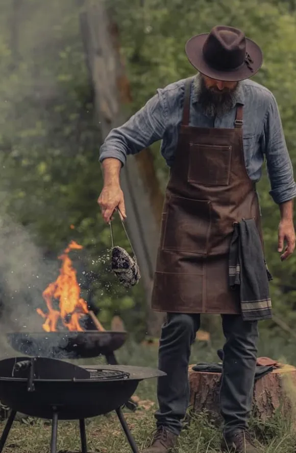 PREMIUM SKINNFÖRKLÄDE GRILL / BBQ / BARISTA / KOCK / FRISÖR FÖRKLÄDE BRUN VINTAGE