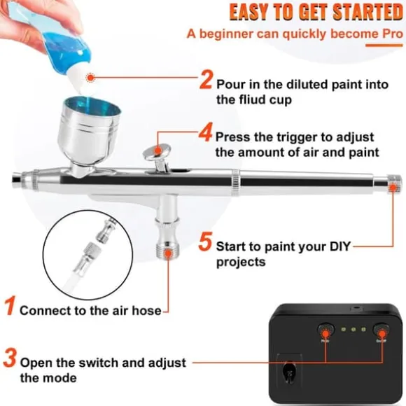 0-30 psi dubbelverkande airbrush kit för snacks/tårtdekorering, 3 lägen, bekväm automatisk start/stopp, effektiv olje- och vattenfiltrering