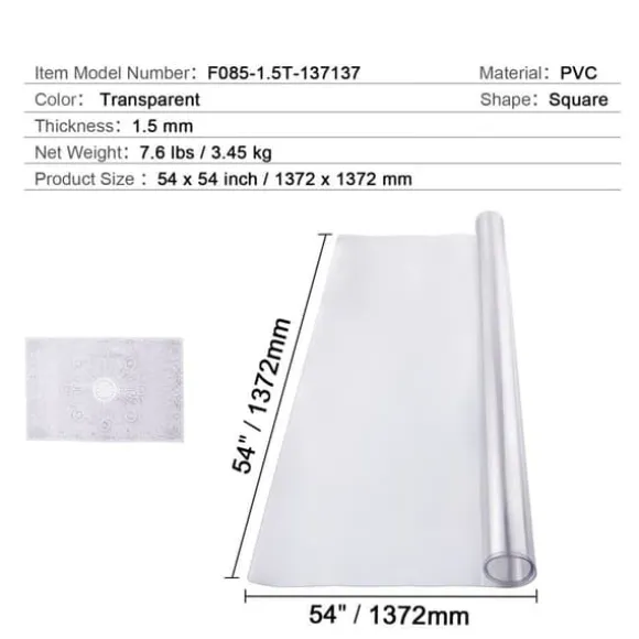 PVC bordsskydd 54x54 tum, klart plast skrivbordsskydd, 1,5 mm tjockt, hållbart och vattentåligt