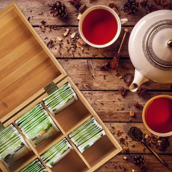 Relaxdays Bamboo Tea Box, Box, 72 tepåsar, Lock, 6 fack, HxBxD: 9,5 x 22 x 18,5 cm, Natural