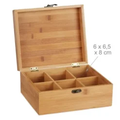 Relaxdays Bamboo Tea Box, Box, 72 tepåsar, Lock, 6 fack, HxBxD: 9,5 x 22 x 18,5 cm, Natural