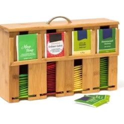 Relaxdays Bamboo Tea Box Lösa tepåsar 4 Fack Dekorativ Box H x B x D: 22 x 33,5 x 10 cm med handtag