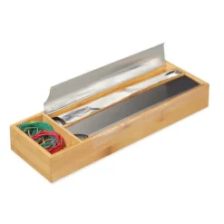 Relaxdays Distributör för livsmedelsfilm, låda, aluminiumfolie och färskhet, bambu och rostfritt stål, HLP: 5,5x39,5x13cm, natur