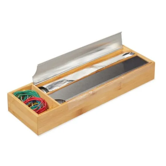 Relaxdays Distributör för livsmedelsfilm, låda, aluminiumfolie och färskhet, bambu och rostfritt stål, HLP: 5,5x39,5x13cm, natur