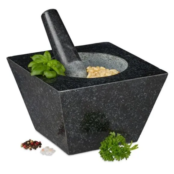 Relaxdays Mortel och Stöt, XXL, granit, kryddor och örter, 750 ml, 6,75 kg, stenmortel 12x19,5x19,5 cm, svart