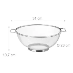Relaxdays Rostfritt stål Durkslag 26 cm Köksredskap Pasta Avloppssallad Handtag och ringbotten, Silver