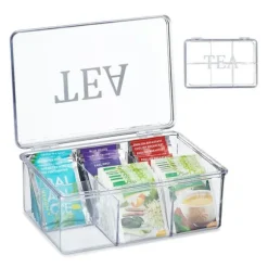 Relaxdays Teabox, i plast, förvaring, 6 fack, med lock, HLP: 9 x 21,5 x 15 cm, genomskinlig