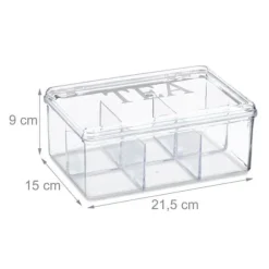 Relaxdays Teabox, i plast, förvaring, 6 fack, med lock, HLP: 9 x 21,5 x 15 cm, genomskinlig