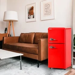Retro-Kylskåp, Gefrierkombination, 88.8 cm, 60L kyl, 22L frys, 102 kWh/år, LED-ljus, Premiumröd, Energieklass E