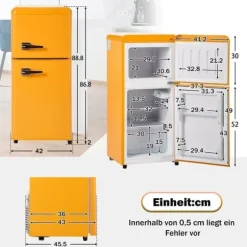 Retro-Kylskåp, Gefr. Kombi, 86.8 cm, 60L, 22L frys, 102 kWh/år, Gul, Energieklass E