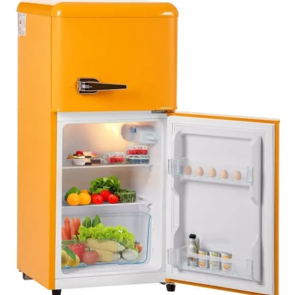Retro-Kylskåp, Gefr. Kombi, 86.8 cm, 60L, 22L frys, 102 kWh/år, Gul, Energieklass E