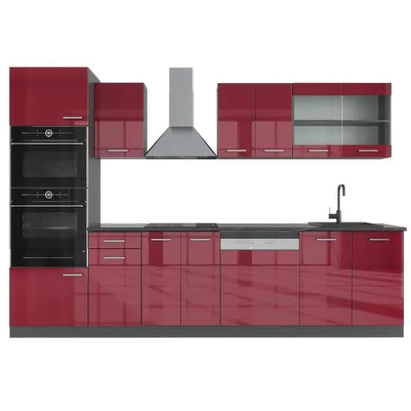 R-Line kök, 300 cm med högskåp, PT Antracit, Bordeaux högglans/antracit, Vicco