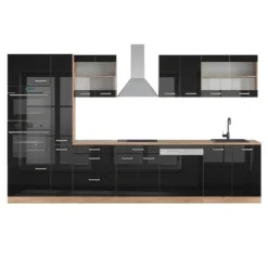 R-Line kök, 350 cm med högskåp, PT Ek, Svart Högglans, Vicco