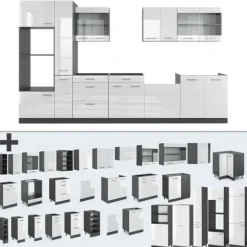 R-Line kök, 350 cm med högskåp, PT Marble, Blank vit/Antracit, Vicco
