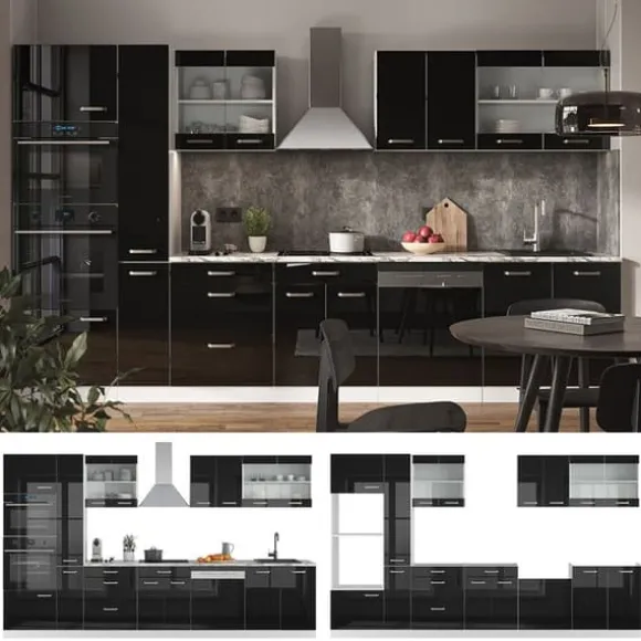 R-Line kök, 350 cm med högskåp, PT Marble, Blank svart ek/vit, Vicco
